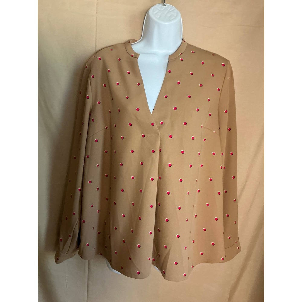 J. Jill Wearever Blouse Womens Medium Tan Pink Polka Dot Excellent V-Neck Top
